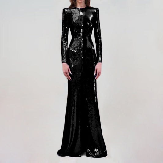 Black long sleeve high neck sequin maxi dress with front slit for formal events