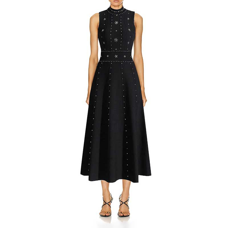 Elegant Crew Neck Sleeveless Beaded Midi Dress Black Knitted Dress – SD