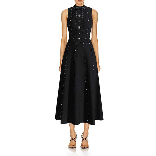 Elegant Crew Neck Sleeveless Beaded Midi Dress Black Knitted Dress
