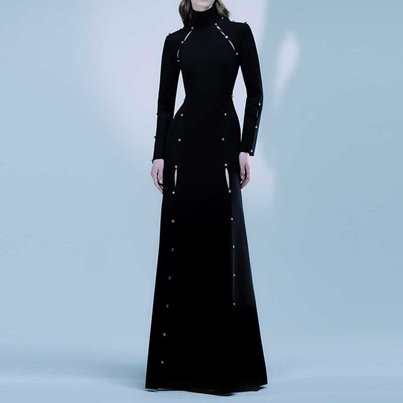 Women's High-Neck Maxi Dress Black Long Evening Dresses A-Line Prom Dr