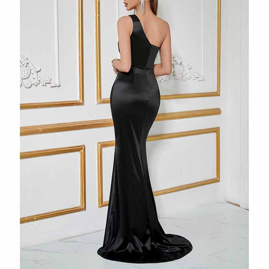 One Shoulder Satin Prom Dress with Side Split – Stunning Black Evening Dress
