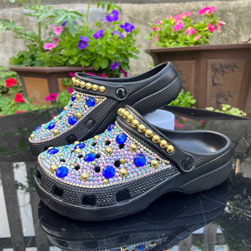 Womens Closed Toe Clog Shoes Rhinestone Beads Mules Slip on Sandals