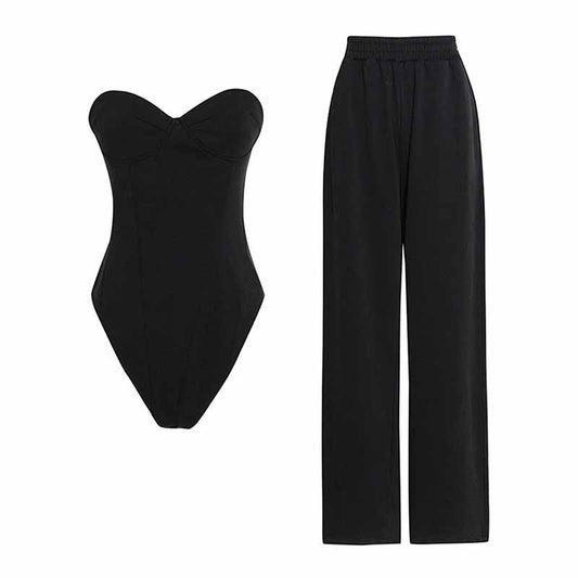 Women's black Strapless Pantsuit Casual Crop + Wide Legs Pants Suit