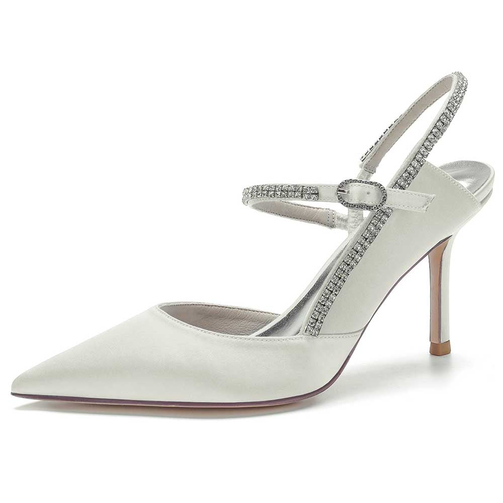 Elegant white bling stiletto pumps for women with a stylish ankle strap and pointed toe design