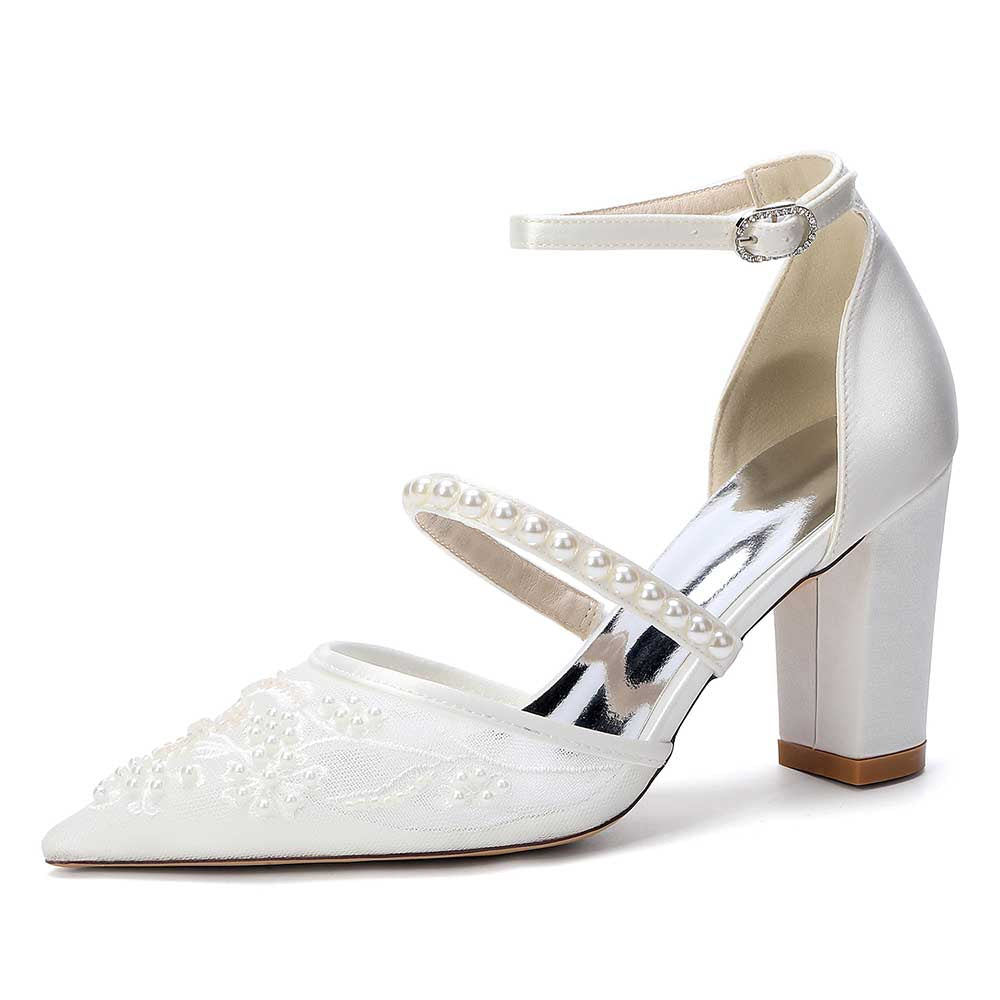 Chunk Heel Pearl Wedding Shoes with Ankle Straps