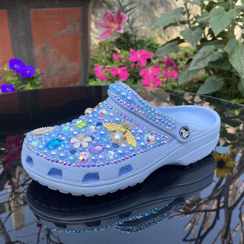 Womens Closed Toe Clog Shoes Rhinestone Sparkly Slip on Mules Blue