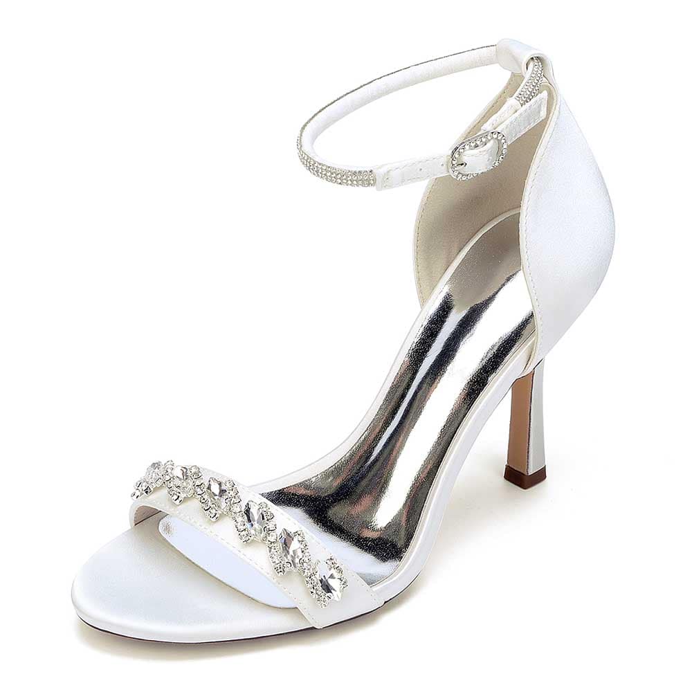 Elegant S&DCo. bridal ankle strap heels in white with jeweled detailing and a sleek heel