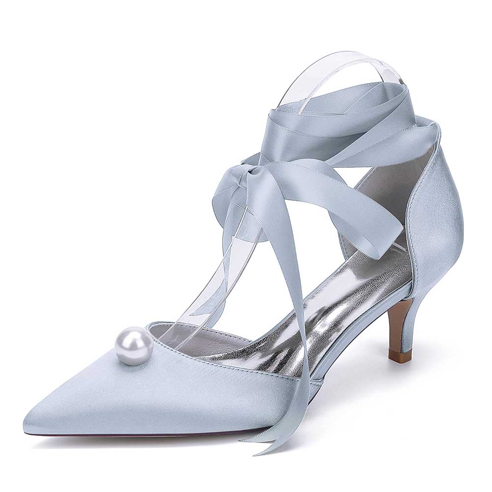 Bue bridal ankle strap heels with pearls, featuring elegant satin finish and stylish ribbons