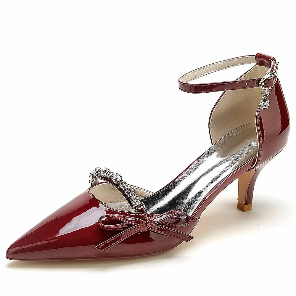 Elegant S&DCo. bridal glitter stiletto heels in red with ankle strap and decorative bow