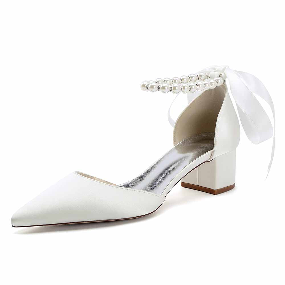 Elegant white lace-up dress sandals for brides with pearl embellishments and a soft satin finish