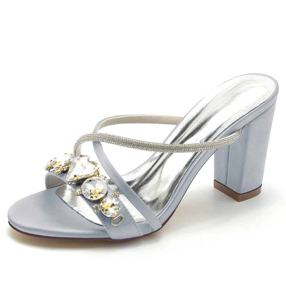 S&DCo. rhinestone bridal block heel sandals in blue with elegant embellishments for wedding occasions