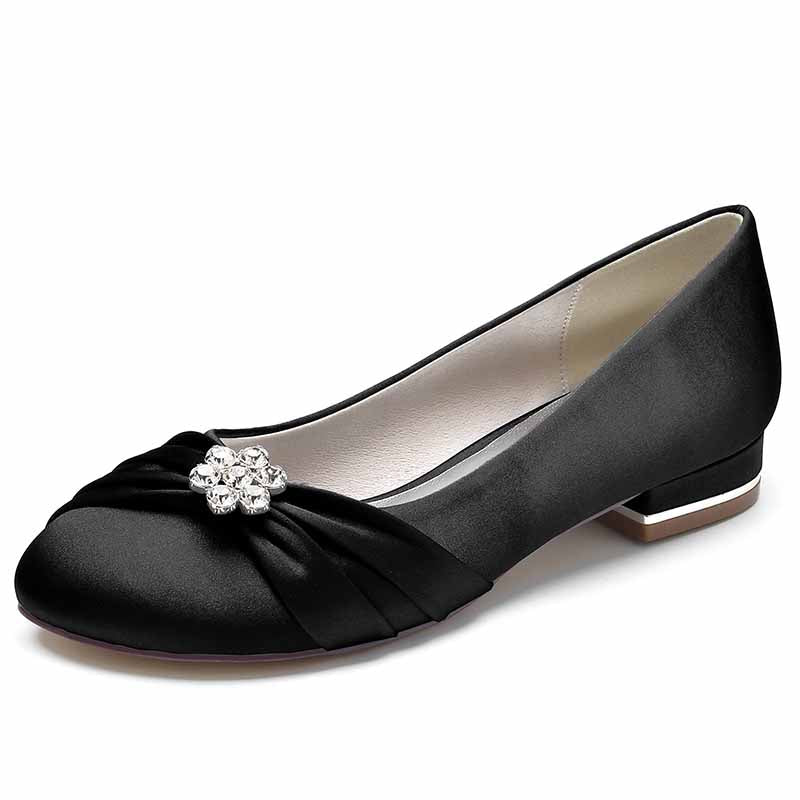 Elegant black bridal satin flats for wedding with a sparkling floral embellishment