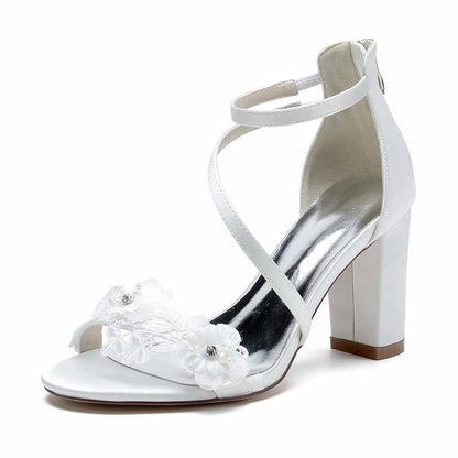 Women Ankle-Strp Pump Appliqued Chunky Wedding Prom Sandals