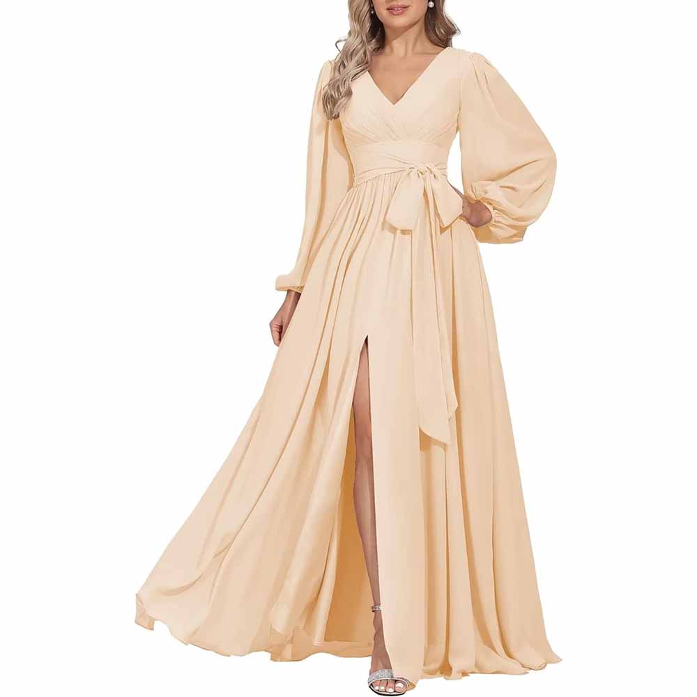 Long Chiffon Bridesmaid Dresses A Line V Neck Formal Wedding Guest Dress with Slit