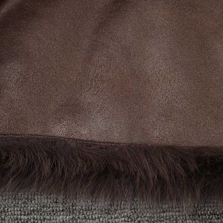 Close-up of a brown faux fur short jacket showing the soft texture and stylish design