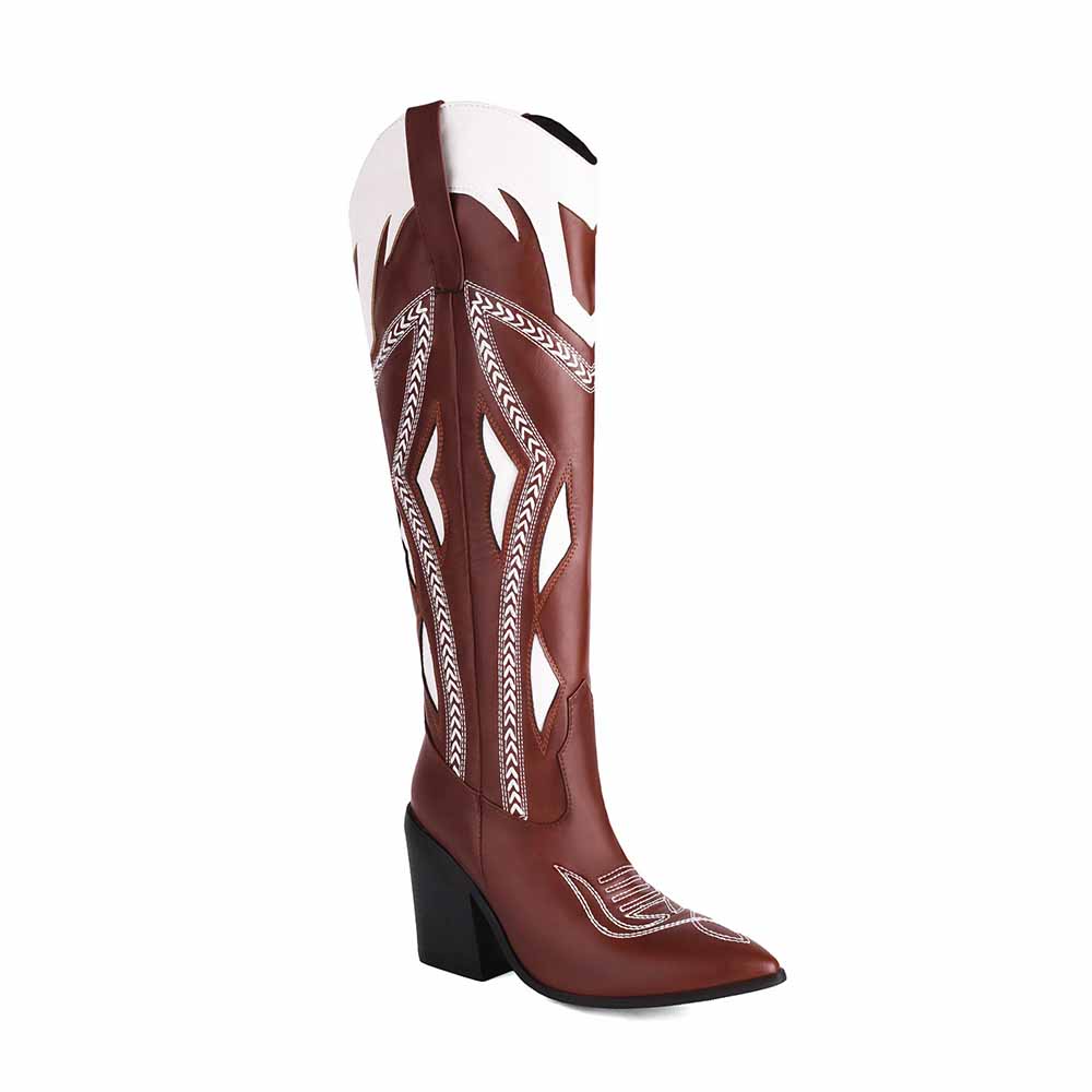 Stylish sd-hk chunky block heel western boots for women with decorative patterns in brown and white