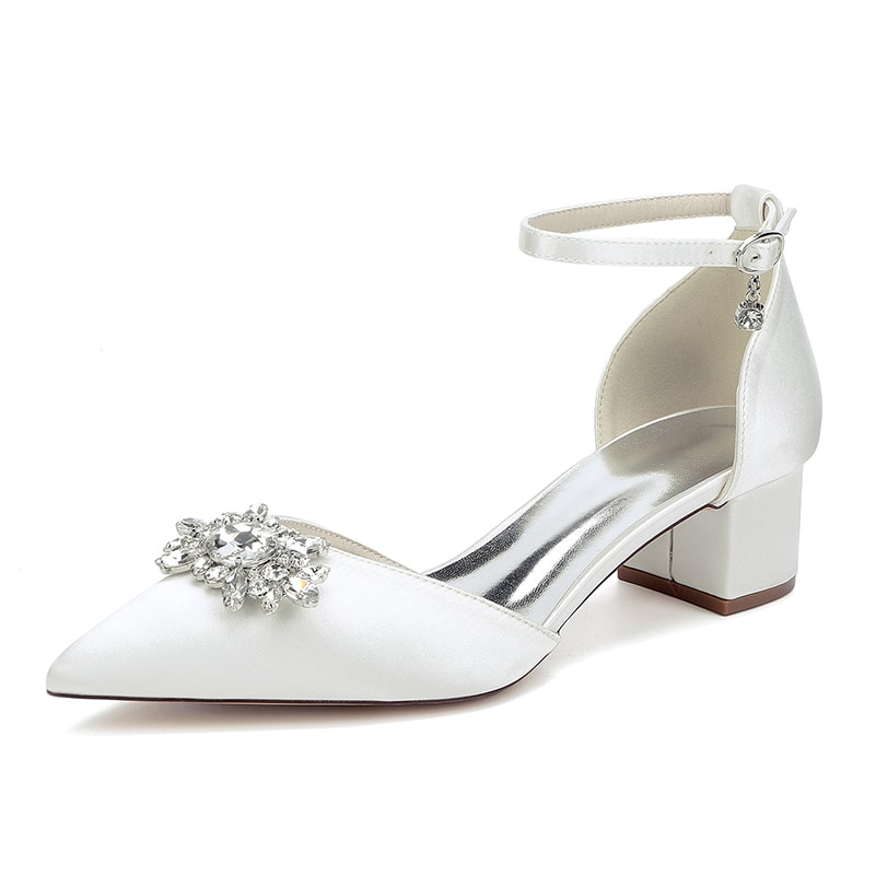 Elegant chunky heel ankle strap wedding shoes with sparkling embellishment in white satin