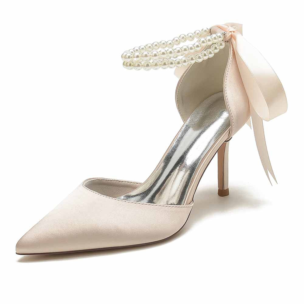 Closed toe wedding shoes in soft pink with pearl ankle strap and satin finish