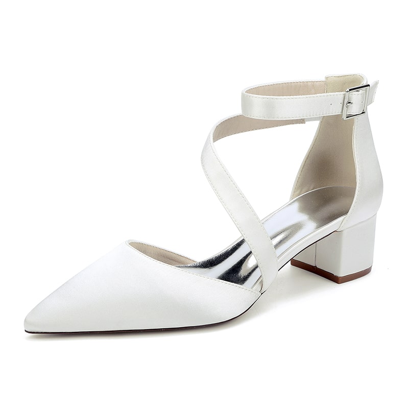 Elegant white cross strap wedding shoes with block heel for bridal comfort and style
