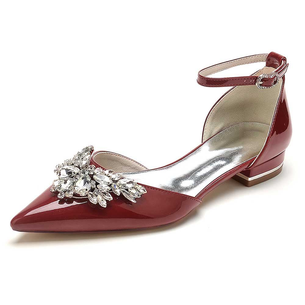 S&DCo. crystal embellished flats for women in glossy red with pointed toe and ankle strap