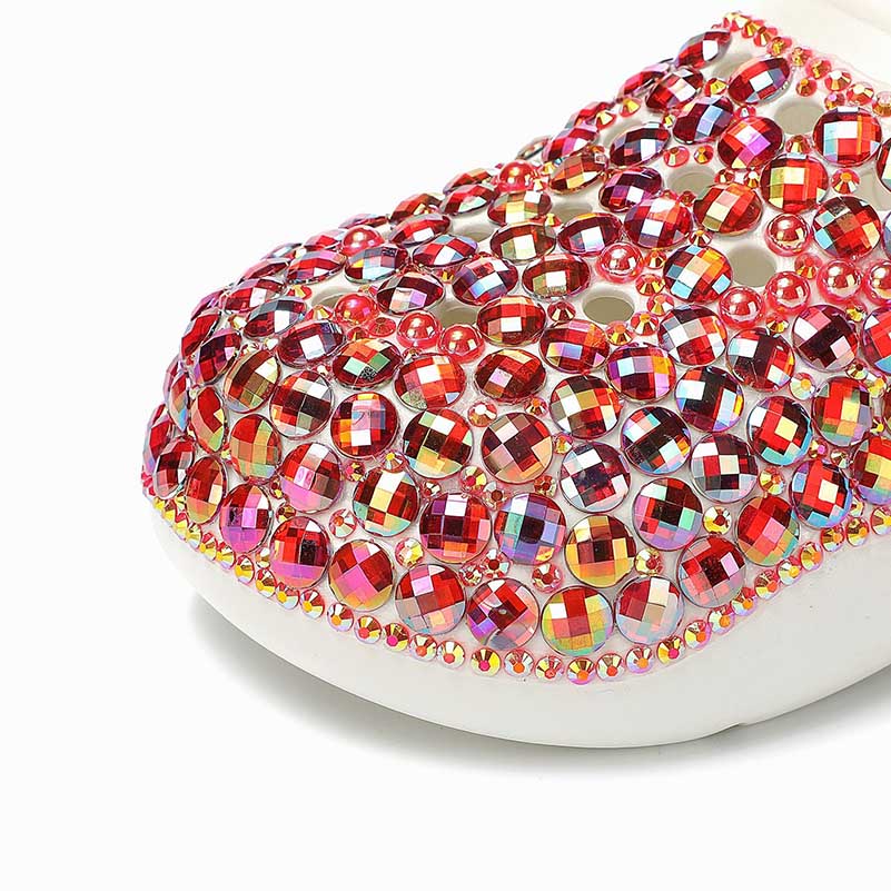 Womens Closed Toe Clog Shoes Rhinestone Beaded Slip on Mules Multi Red