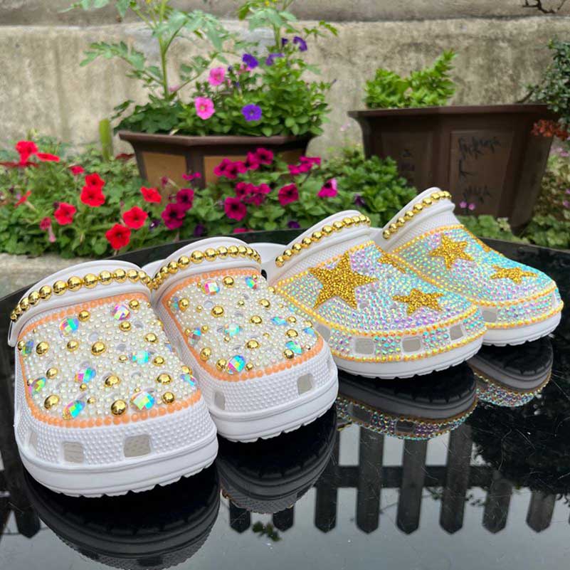 Rhinestone Pearls Wedding Sneakers Round Toe Clog Shoes Slip On Mules