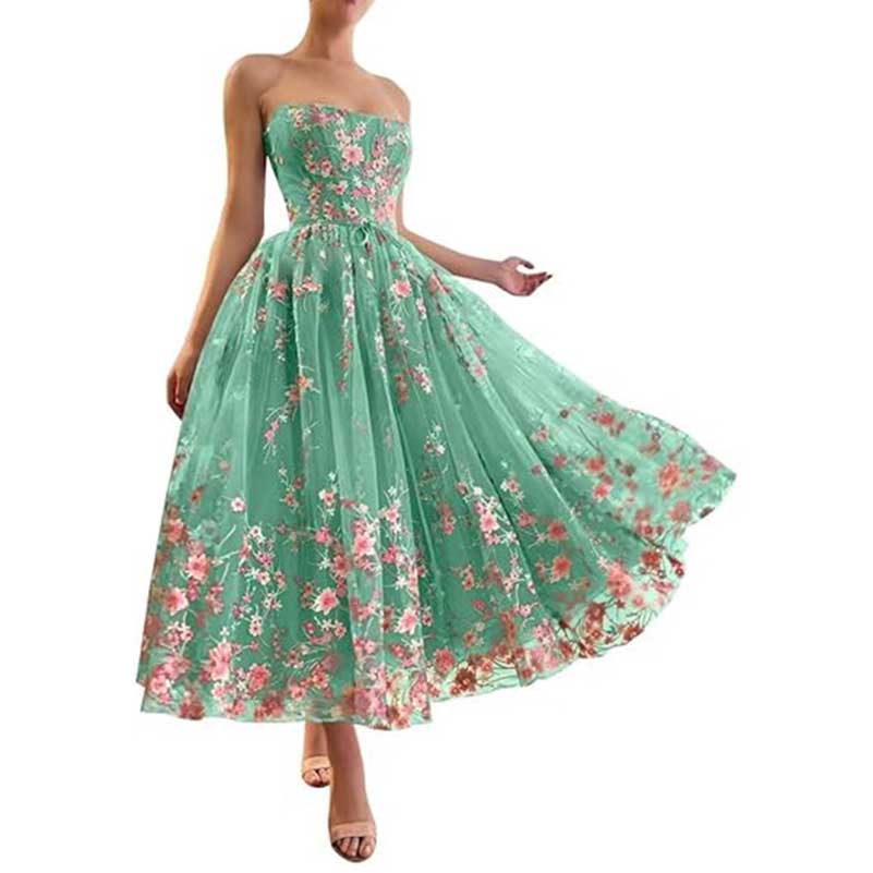 Strapless Flower Tea Length Embroidered Tulle Lace Formal Dress Homecoming Dress