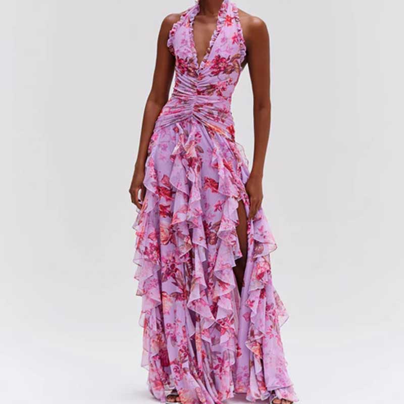 Ruffle Halter Stretch Tulle Floral Maxi Dress