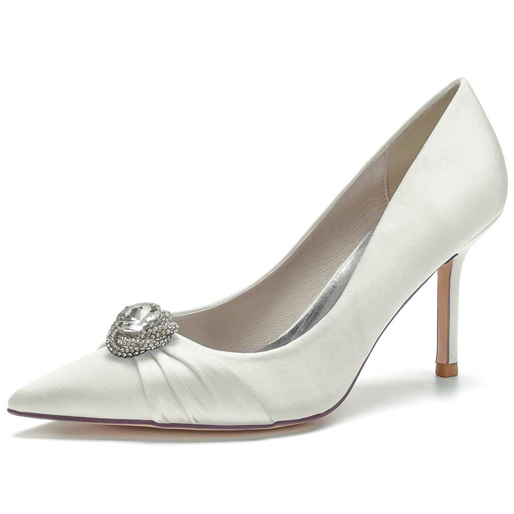 Elegant beaded prom shoes in white satin with a decorative jewel and pointed toe design