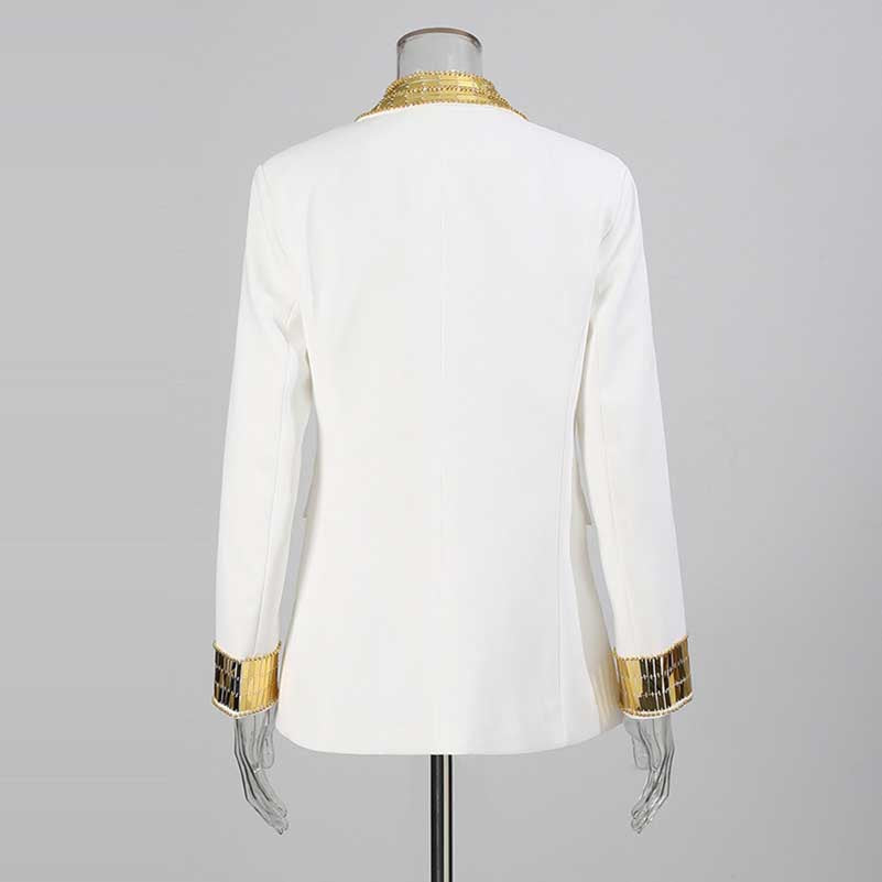 White evening sequin blazer jacket with gold accents and a stylish back design