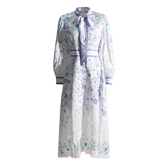 Lace-Up Collar White Long Sleeve Floral Maxi Dress