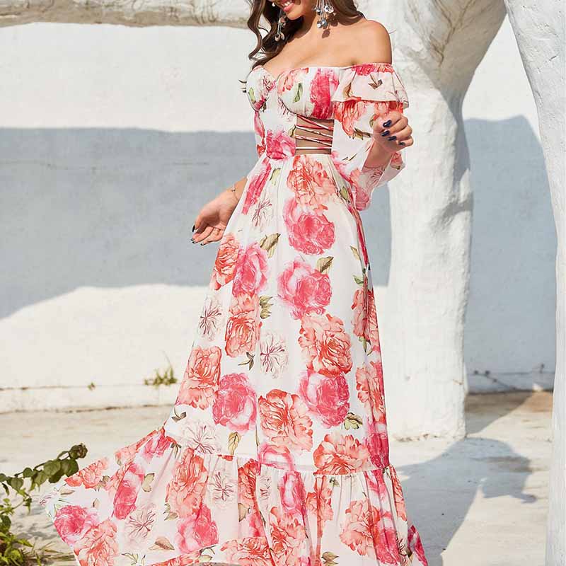 Womens Off-The-Shoulder Floral-Printed Maxi Dress