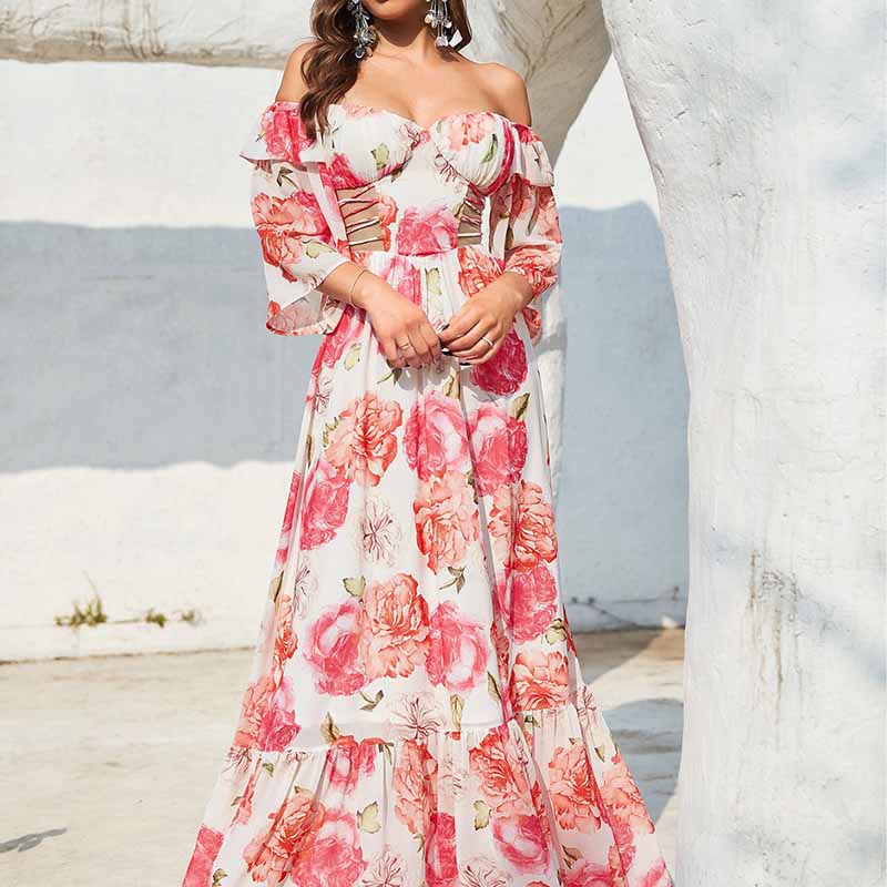 Elegant Floral Print Off-the-shoulder Maxi Dress main image 0