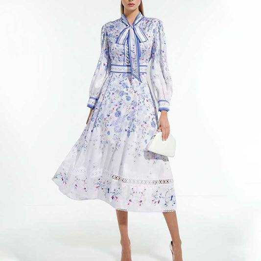 Lace-Up Collar White Long Sleeve Floral Maxi Dress