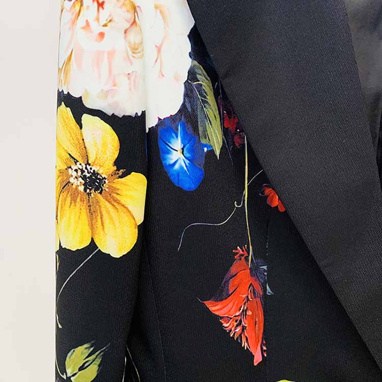 Women One Button Multi-Color Flowers Fitted Blazer + Flare Trousers Black Pants Suit, Party Suit
