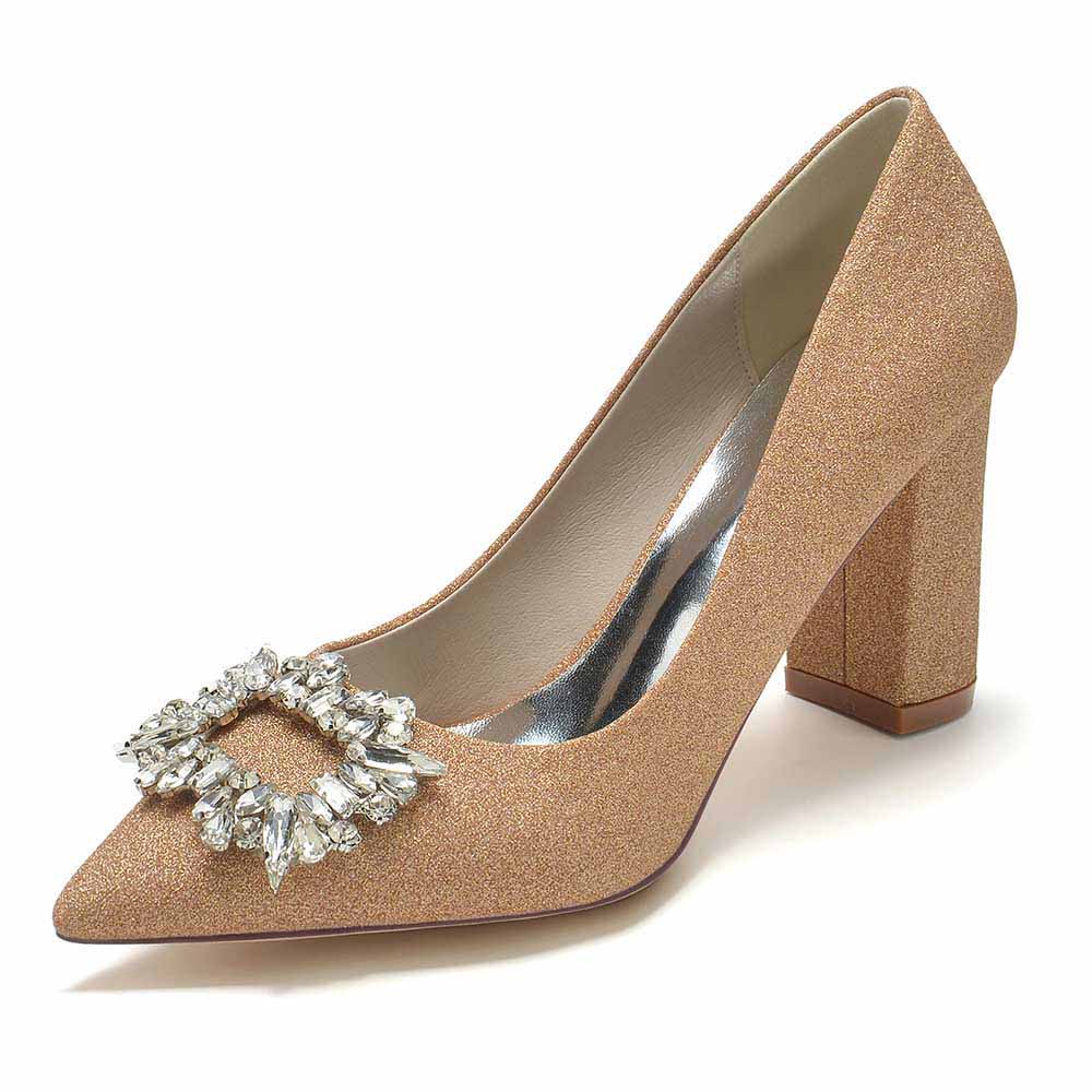 S&DCo. glitter bridal shoes with beaded buckle featuring a pointed toe and block heel design