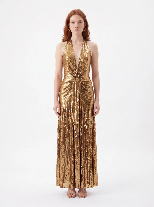 Gold halter v-neck sequin maxi dress for formal events