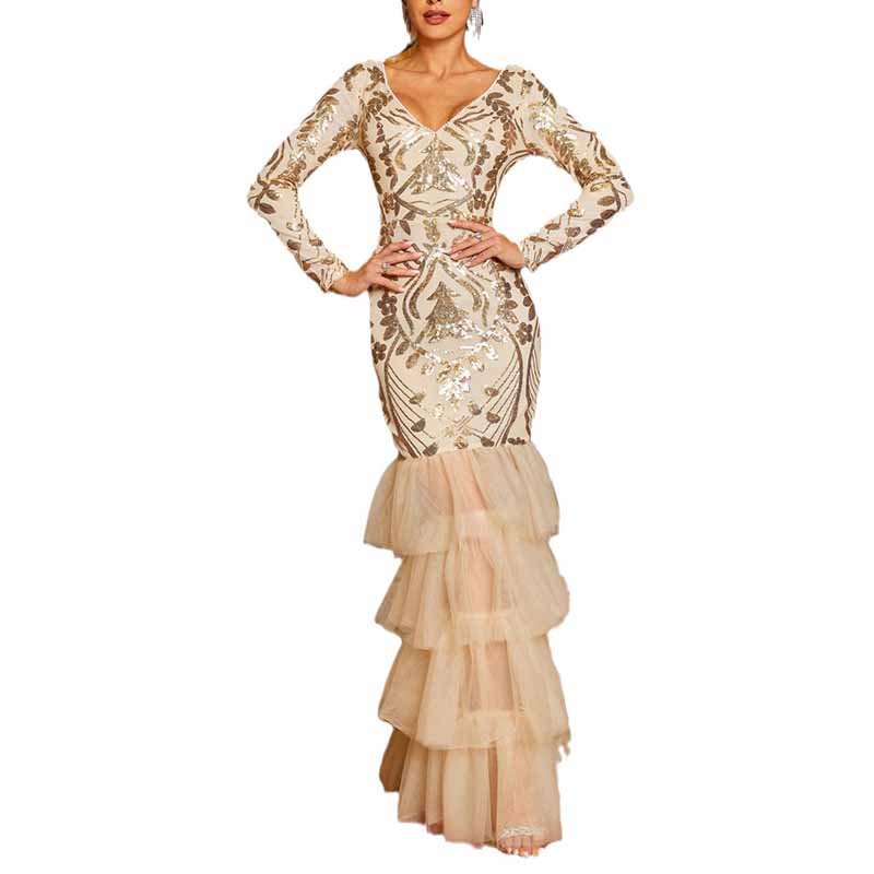 Obsessed Gold Mermaid Halter Tulle Sequin Long Prom Dress, Evening Dress
