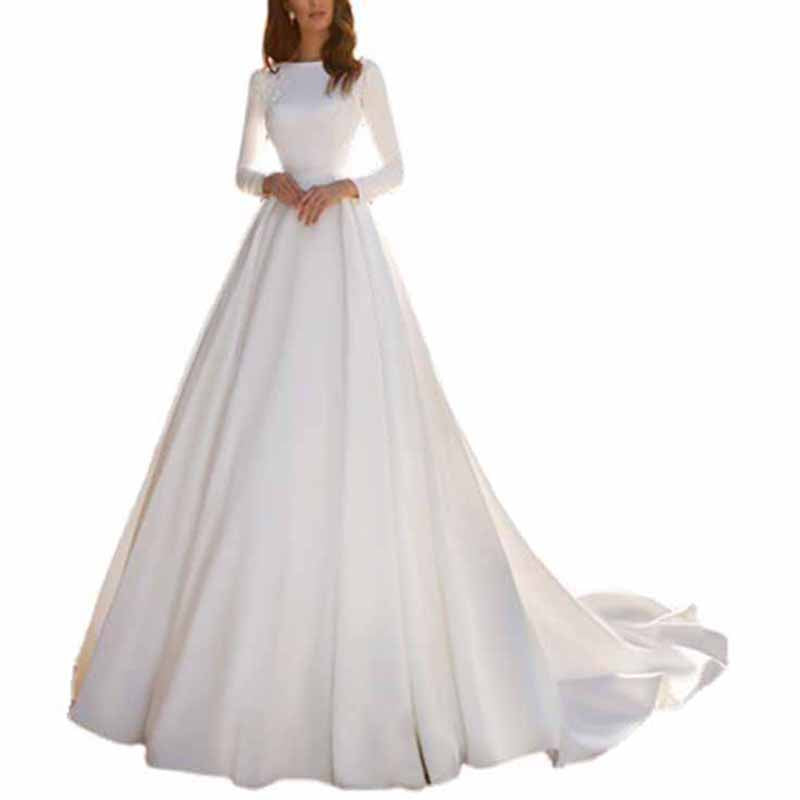 A-line Princess Bateau Long Sleeves Sweep Train Satin Wedding Dress