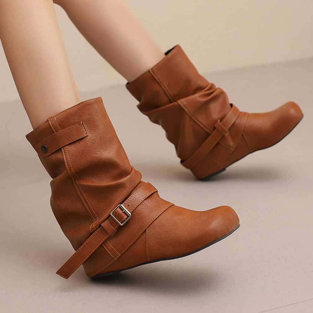 Brown handmade wedge heel ankle boots with buckle detail for stylish fall fashion