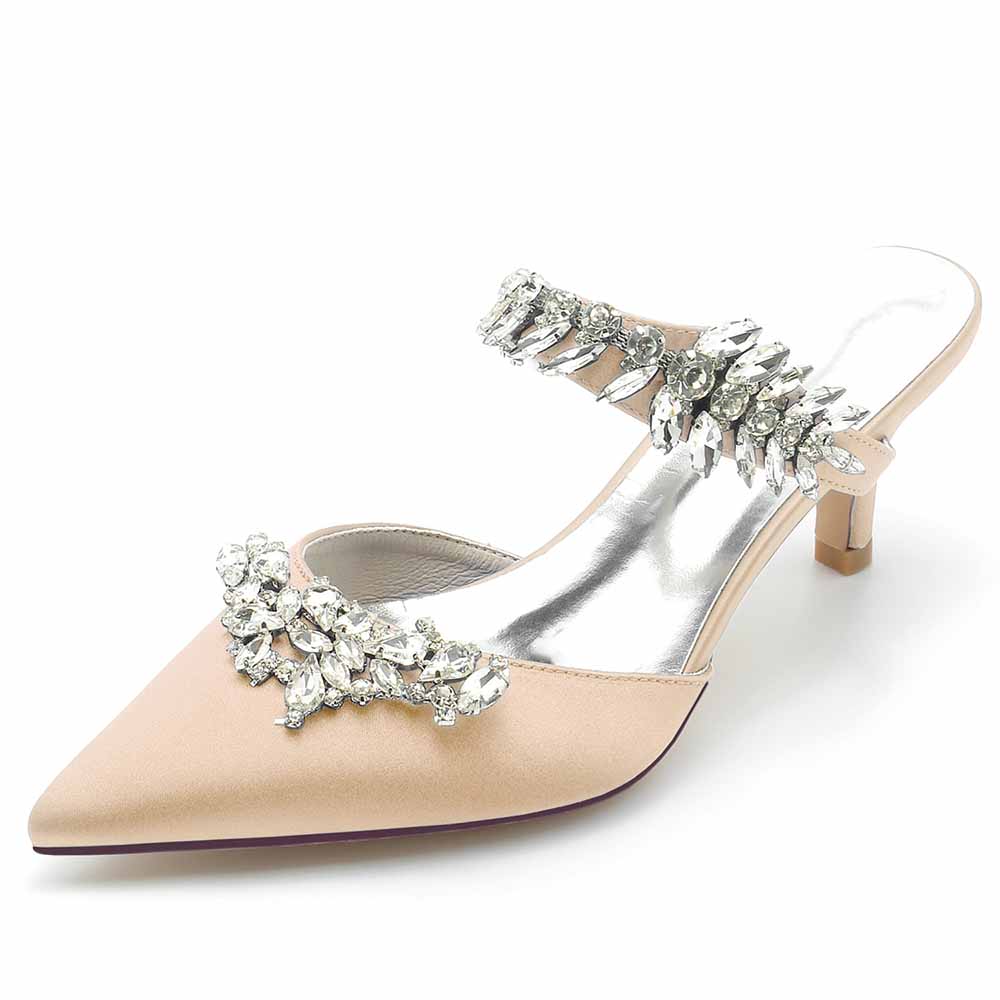 Low Heels Pointed Toe Bridal Mules with Crystal Strap