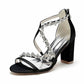 Women Rhinestones Heels Chunky Block Sandals X-Strap Prom Heels