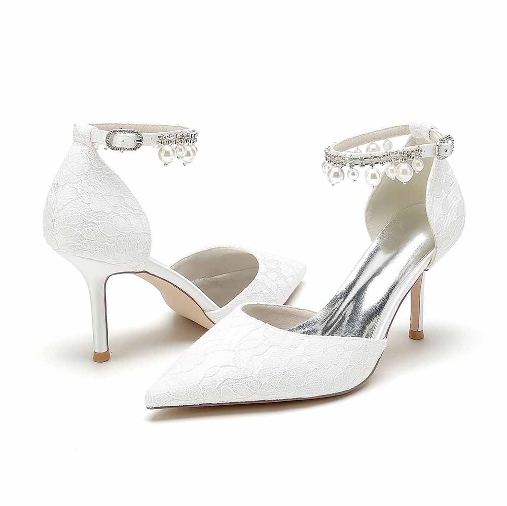 Prom Heels Ankle Strap Pumps With Pearls Lace Party Heels Bride Heel