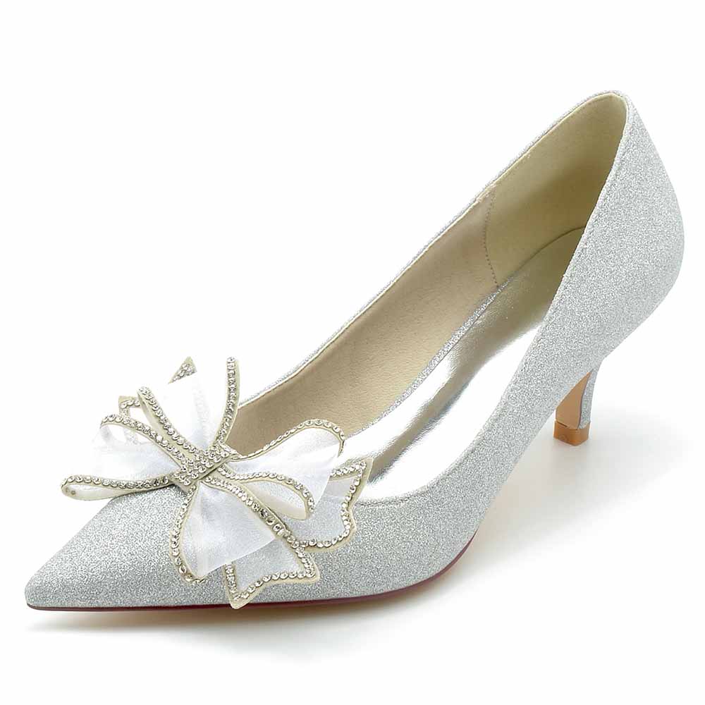 Satin Low Heels Slip-On Pumps Closed Toe Party Shoes With Bows