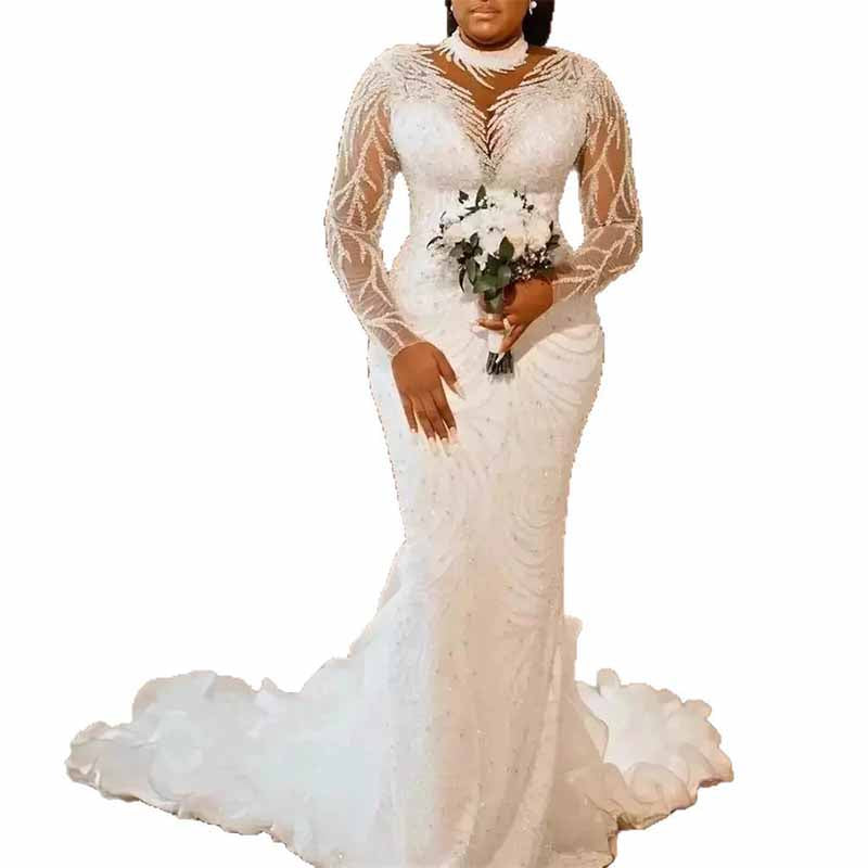 Elegant high neck glitter mermaid wedding dress with long sleeves and a stunning train