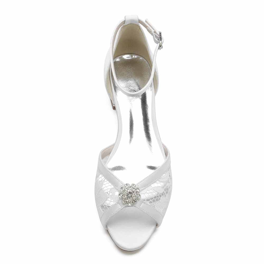 Elegant lace open toe wedding shoes with intricate lace detailing and a decorative gem accent