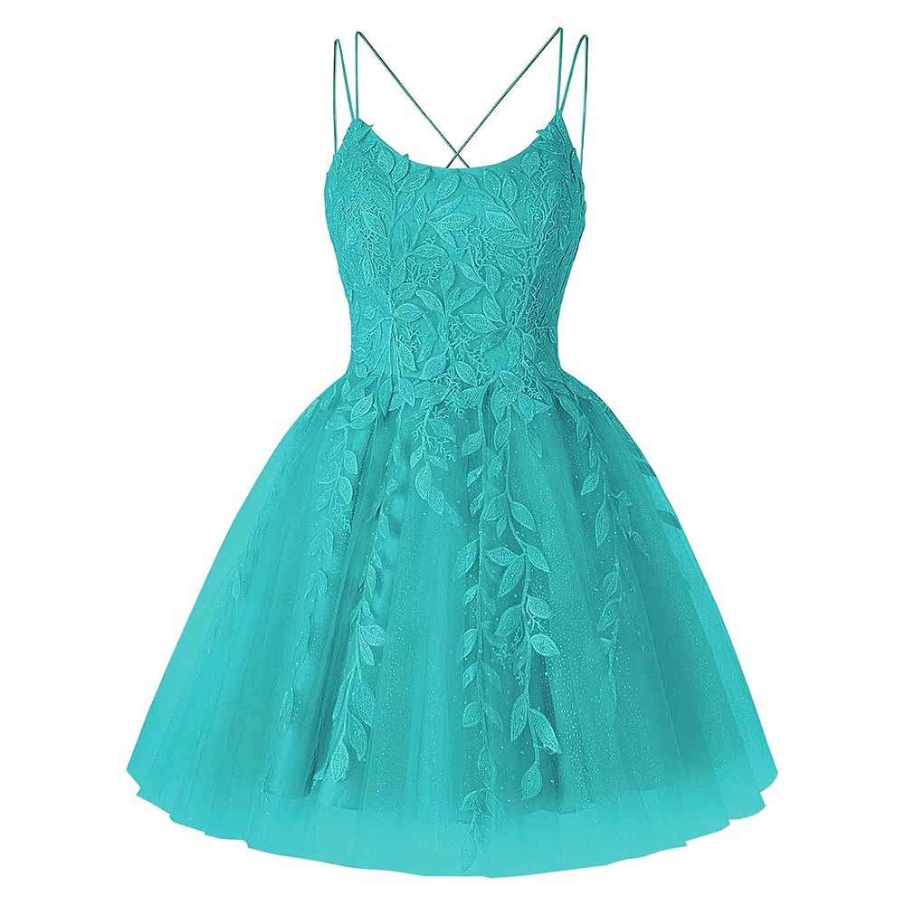 Spaghetti Straps Homecoming Dresses for Teens Lace Appliques Scoop Neck Prom Gowns