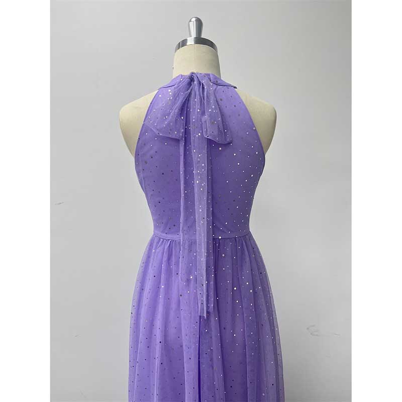 Halter Neck Wedding Guest Dress Tulle Long Prom Dress Lavender Bridesmaid Dress