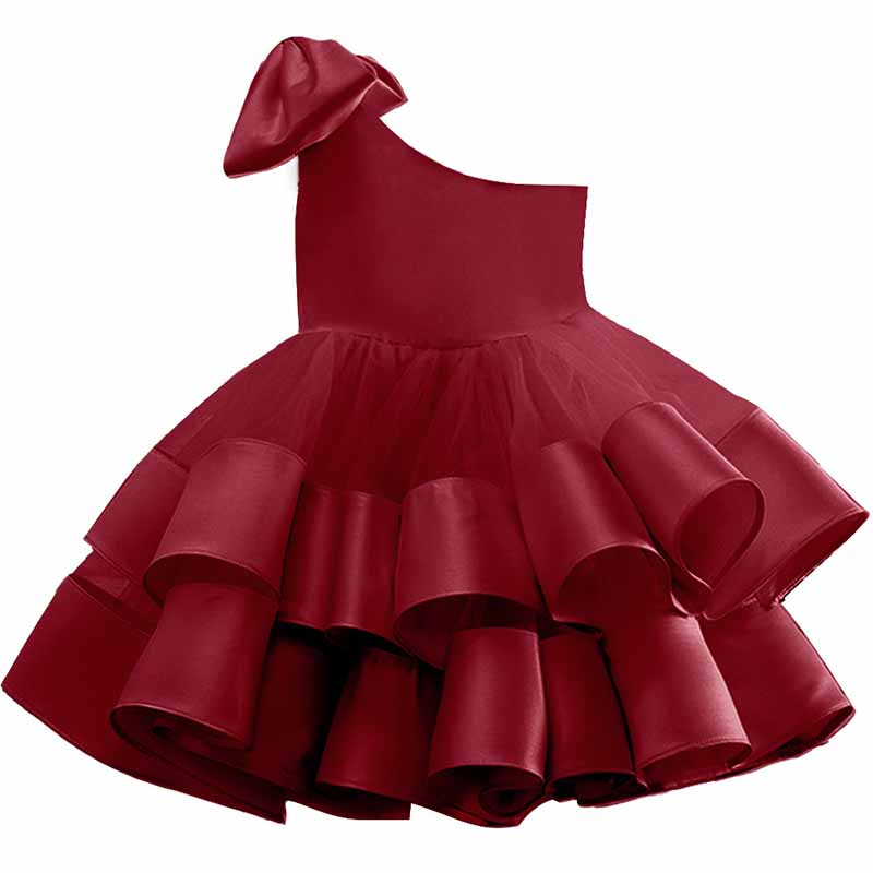 Children's Birthday Party Dress With Bows One Shoulder Kid Flower Girl Dresses