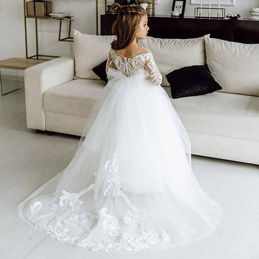 Flower Girls Dress Long Sleeve Wedding Kid Lace Tulle Princess Dress